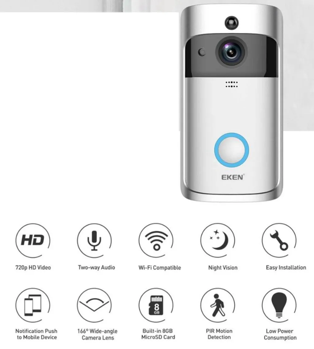 Eken Homeo Video Trådlös dörrklocka 2 720p HD WiFi Realtid Video Tvåvägs Audio Night Vision PIR Motion Detection med Bells