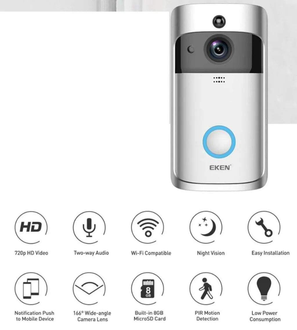 Eken Home Video Wireless Wireless Doorbell 2 720p HD WiFi Realtime Video a due vie Vision Night Vision PIR Rilevamento di movimento con Bells4519941