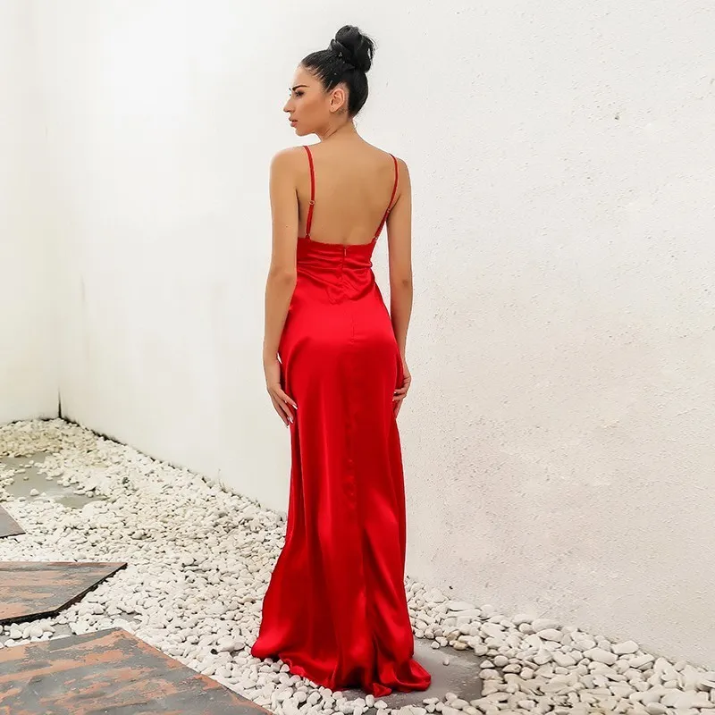 Summer Dress High Split Red Maxi Dress Women Solid Sexy Floor-Length Chistamas Party Prom And Evening Beach Clubwear Long Dresses