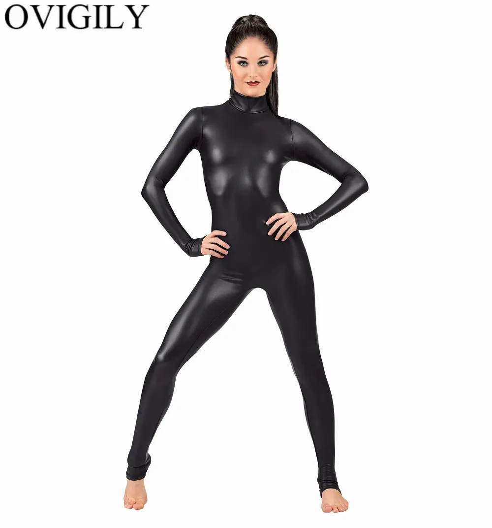 Ovigily Women's Full Body Full Traje Spandex Dança Ballet Gymnastics  Catsuit Adulto Black Longo Manga Longa Brilhante Metálico Unitard