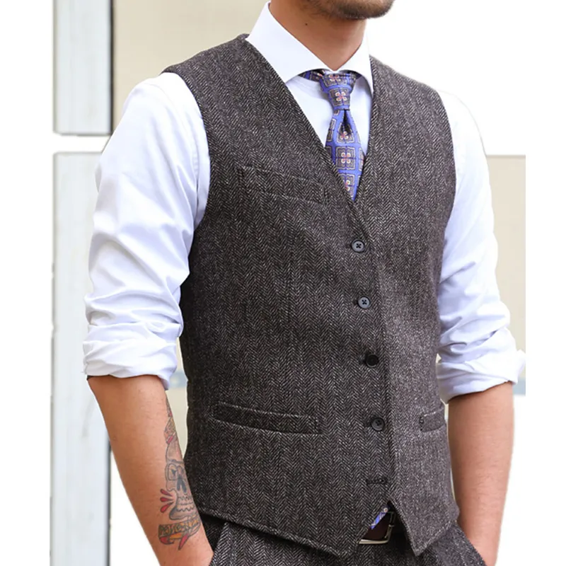 Gray Groomsmen Suits Wool Herringbone Tweed Vest: Classic Mens