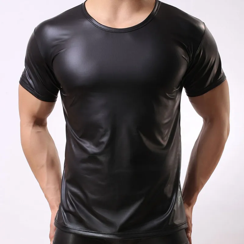 Gran oferta 2019, camiseta Sexy a la moda para hombre, camisetas de manga corta de imitación de cuero de compresión, camisetas de cuero PU Gay para hombre, camiseta ajustada