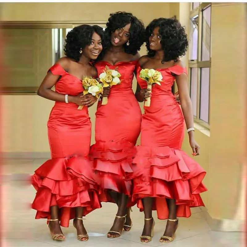 African Red Mermaid Bridesmaids Dresses 2018 Off Shoulder Plus Size Tea Length Maid Of Honors Dresses Tiered Satin Wedding Party Dress