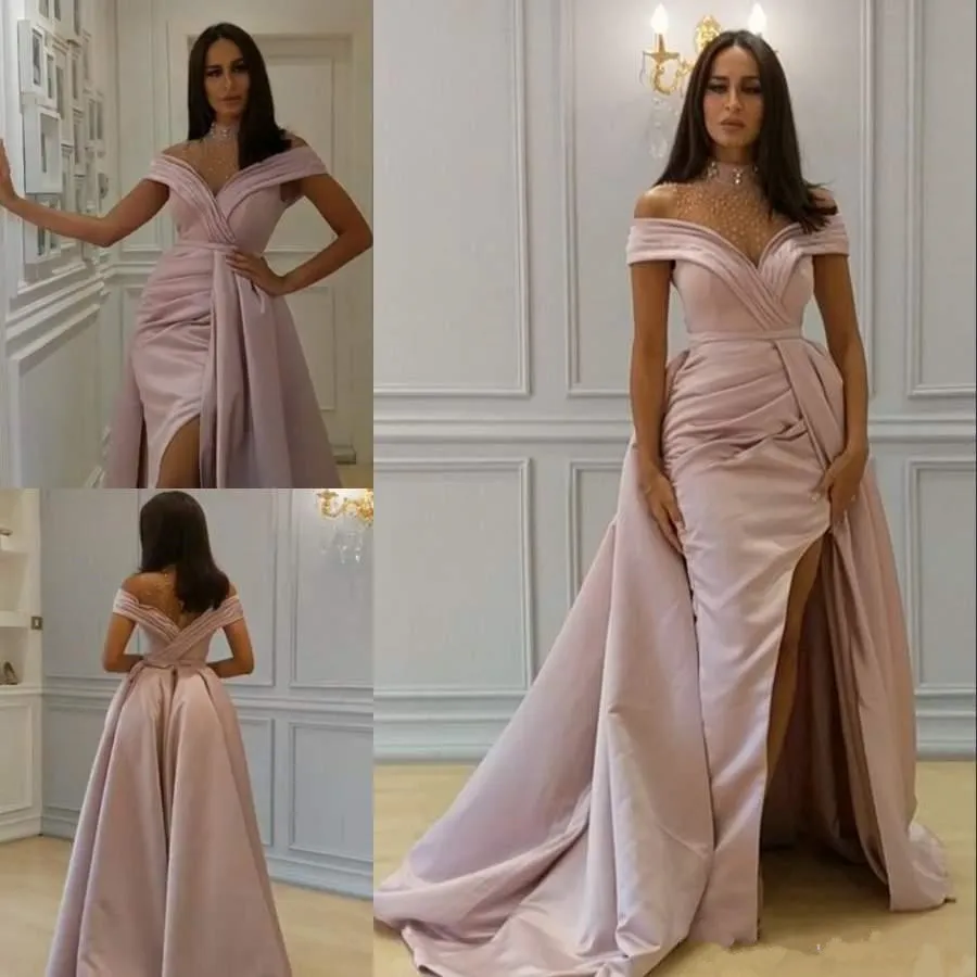 Lichtroze split side prom jurk met overskirt sheer kralen hoge nek avondjurken Sweep trein Dubai Arabische formele jurken