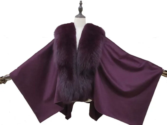 Mulheres Inverno Genuine Fox Fur Collar e Real Cashmere Cape / Manto Moda Romântica Suave Suave Roxo