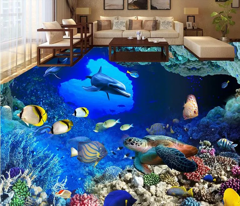 bathroom wallpaper Ocean World beach surf Dolphin 3D floor tiles three-dimensional painting
