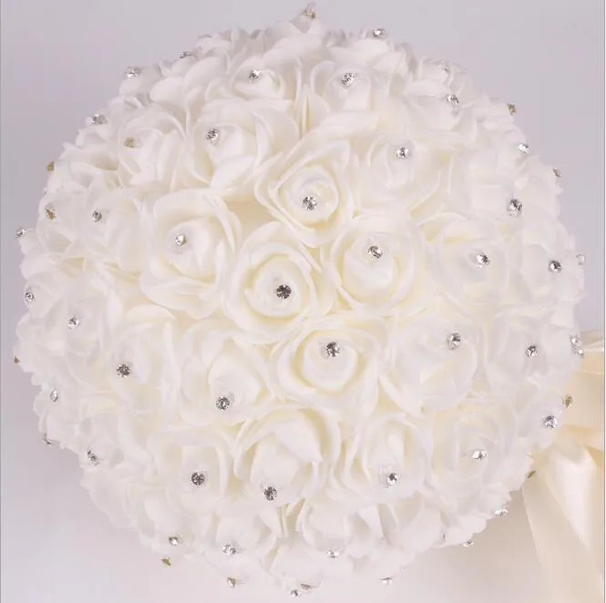 Rose Artificial Bridal Flowers Bouquet Ivory Silk Ribbon Wedding ...