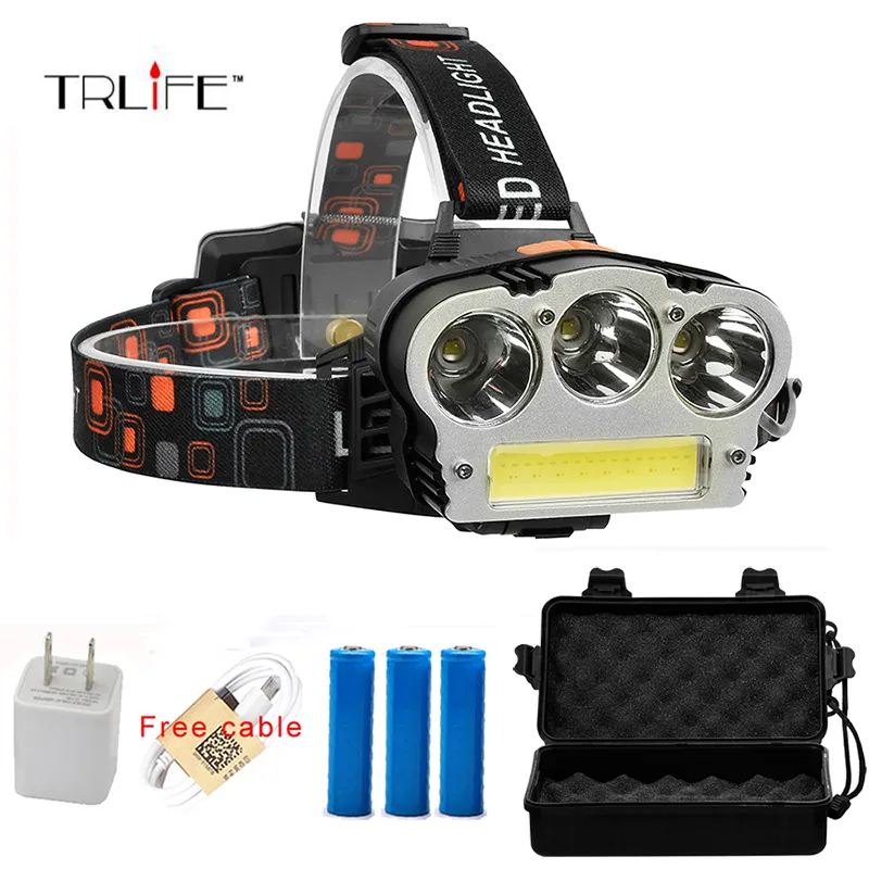 USB Rechargeable LED Headlamp 3*T6 COB Head Lamp 8000lums Waterproof Outdoor Lighting Headlight by 3*18650 battery