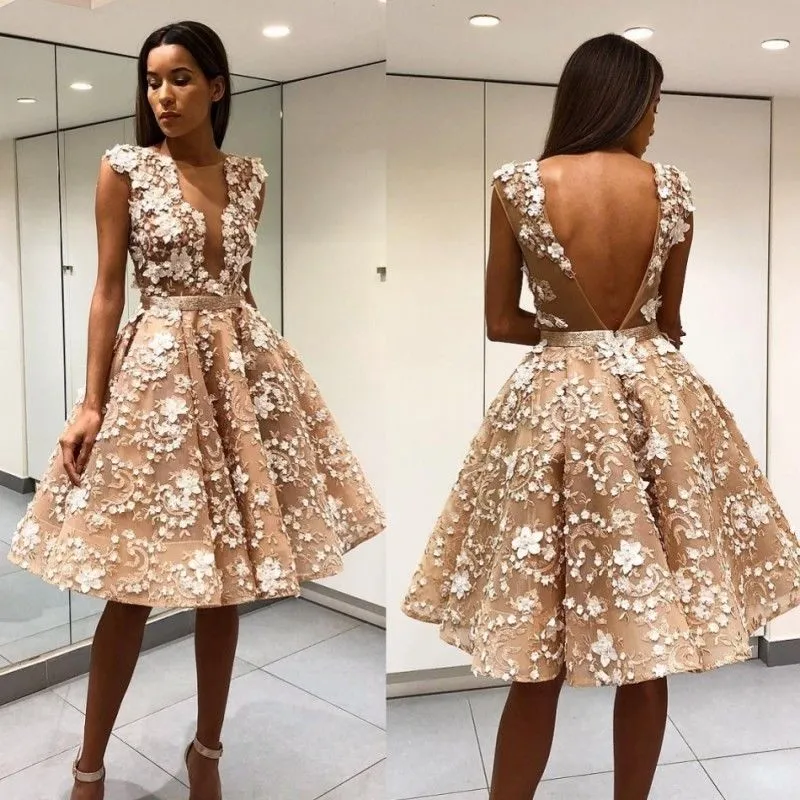 Korte knielengte prom dresses sheer diepe v-hals backless 3D floral geappliceerd kant formele avondjurken een lijn feestjurk