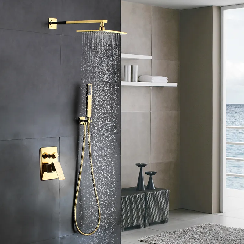 황금 단단한 황동 욕실 럭셔리 사각 강우 믹서 샤워 세트 벽 마운트 강우량 샤워 헤드 시스템 세련된 골드 마침