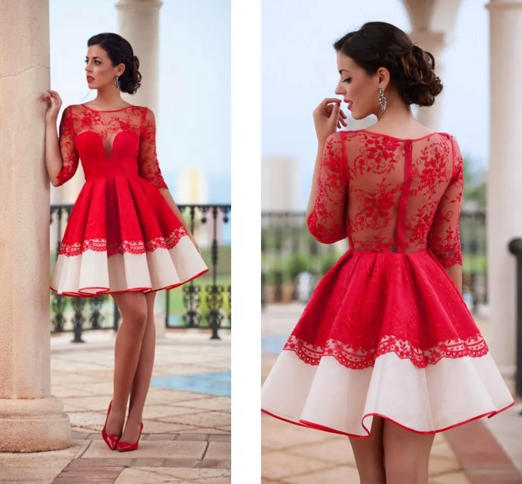 새로운 디자인 빨간색 동성애 드레스 레이스 applique 1/2 슬리브 졸업 드레스 달콤한 16 드레스 짧은 무도회 드레스 칵테일 드레스