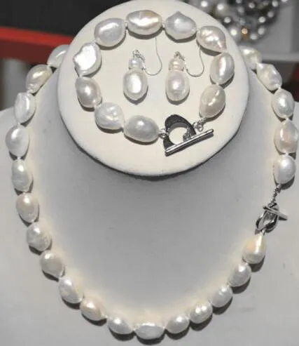 Charmant collier de perles baroques blanches 14-16 mm Bracelet Boucle d'oreille 18"7.8"