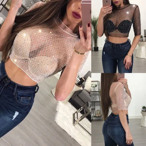 2017 Summer Women Mesh Sheer Transparent Sexig Short Sleeve O-Neck Crop Top Party Club