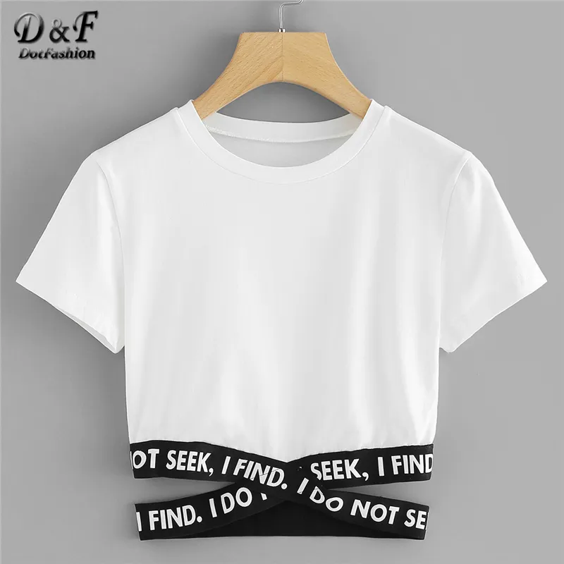 Dashion Contrast Slogan Criss Cross Waist Tee 2018 Summer Round Neck Short Sleeve Top Women White Asymmetrical T Shirt