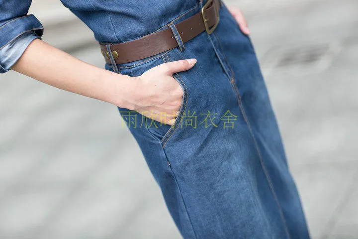 Nya koreanska mode kvinnors avslag på krage långärmade nitar lapptäcke denim jeans rashes maxi lång klänning plus storlek 3xl