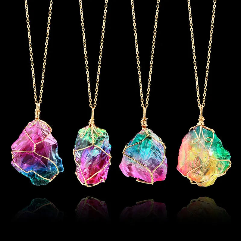Rainbow Natural Stone Pendant Necklace Fashion Crystal Chakra Rock Necklace Gold Color Chain Quartz Long For Women Gift1257T