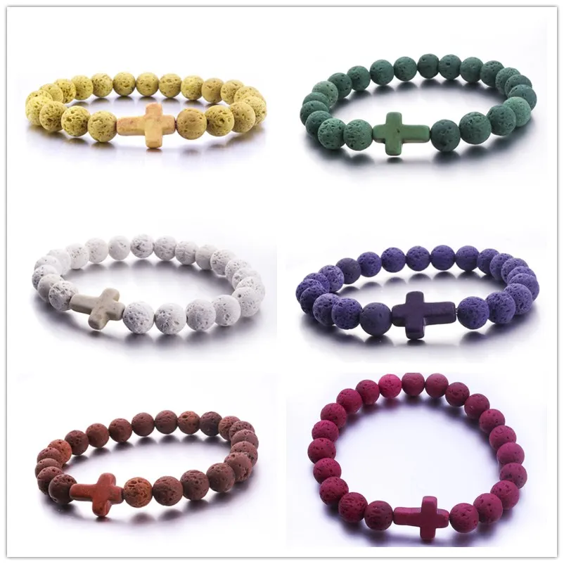 8mm naturlig svart lava stenpärlor kors charm armband essentiell olja parfym diffusor armband kvinnor yoga smycken