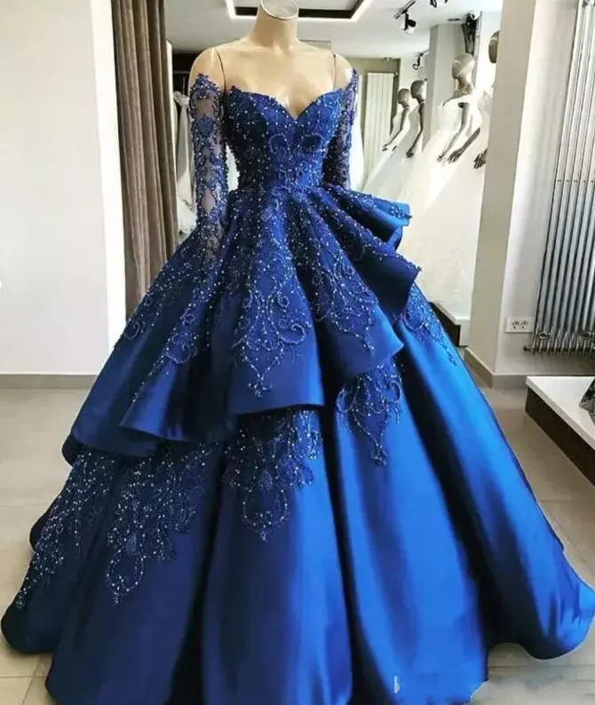 Royal Long Blue Sleeveless Ball Dresses A-line Lace Evening Gown –  ballbellauk