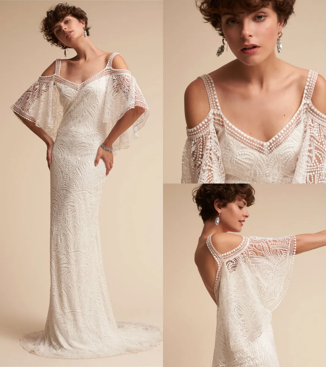 Enkla sexiga bröllopsklänningar Juliet 1/2 ärm Bhldn Mermaid v Heer Neck Vestidos de Novia Lace Applique Backless Bridal Gowns