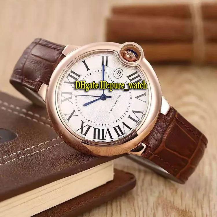 Ny W6900651 Asian 2813 Automatisk herrklocka White Dial Rose Gold Case Brown Leather Strap New Gents Watches Puretime