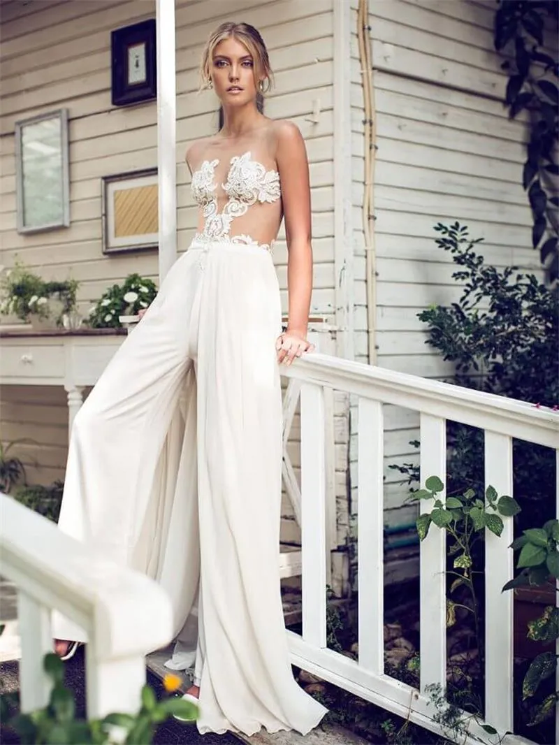 Riki Dalal 2018 Modest A Line Wedding Dress Jumpsuit With Removable Skirt Lace Applique Bridal Gowns Custom Made Wedding Dress