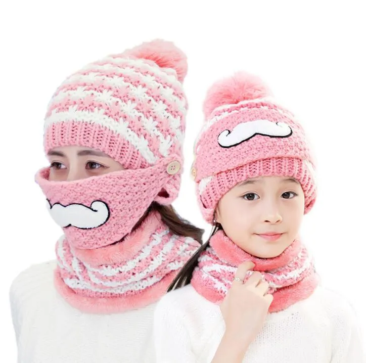 Jul Halloween Baby Mamma Warm Crochet Beanies Scarf Mask 3pcs / Set Vinter Vindskyddad hattar Söt Strikkad Ulllock Partihandel