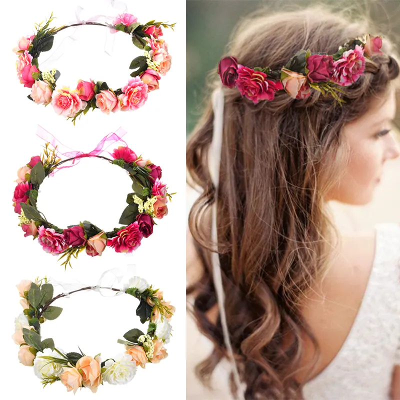 Novia mujeres flor corona banda pelo boda floral diadema guirnalda cinta  arco niña flor guirnalda elástica accesorios para el cabello 5pcs /