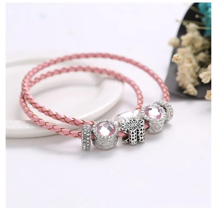 925 Sterling Zilver Roze Bloem Charm Kraal fit Europese Pandora Armbanden voor Vrouwen Charm Double Layer Lederen Ketting Mode-sieraden