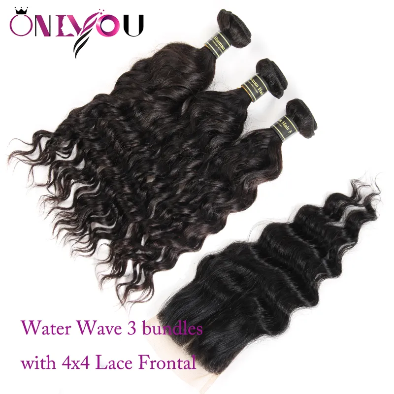 Malaysian Human Hair Weave Closure Water Wave Hair Bundles with Closure Black Color Wet and Wavy Natural Wave Hair Extensions Factory Deal