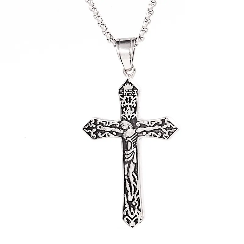 Jewelry - Ensemble Pendentif Croix Latine Jésus Acier Argent