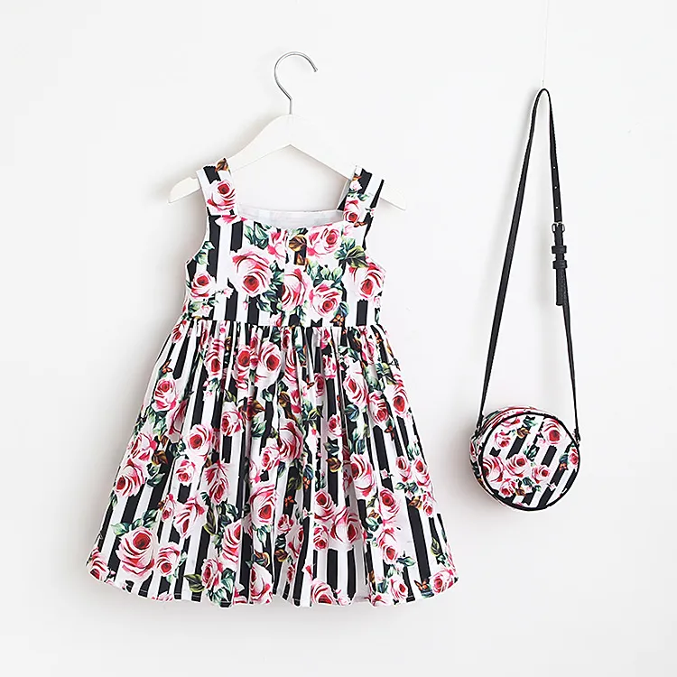 Floral Printed Baby Dress Set With Matching Round Boho Shoulder Bag