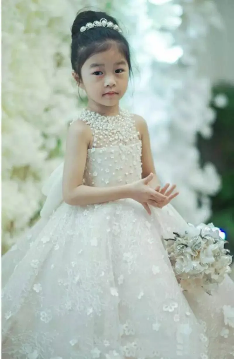 Cute Halter Handmade Flower Girls Dresses Bow Belt Bead Princess Kids Floor Length Bridesmaid Dress Girl Pageant Ball Gown
