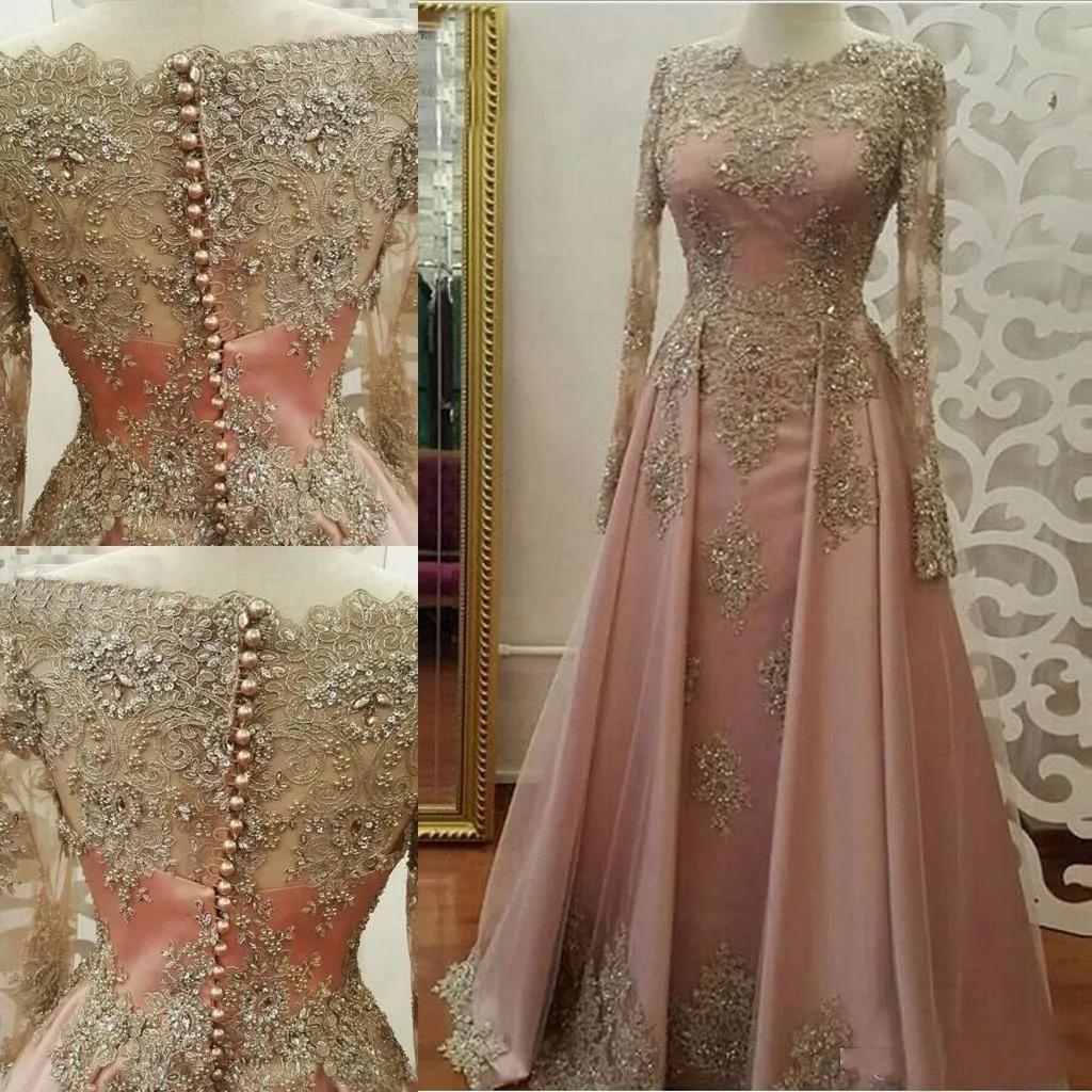 Gratis frakt Modest Blush Pink Prom Klänningar 2019 Långärmade Snören Applikationer Crystal Formell Party Dresses Evening Wear Vestidos de Novia