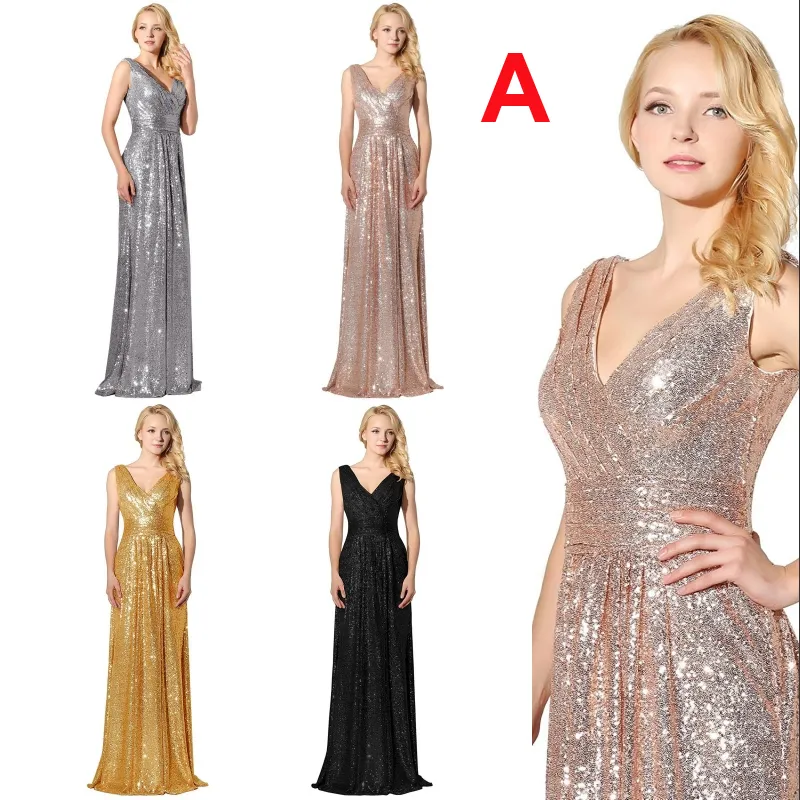 Günstige lange Brautjungfernkleider mit Pailletten in Roségold, sexy V-Ausschnitt, plissiert, rückenfrei, formelles Kleid, Party, Hochzeitsgastkleid, individuelle Farben