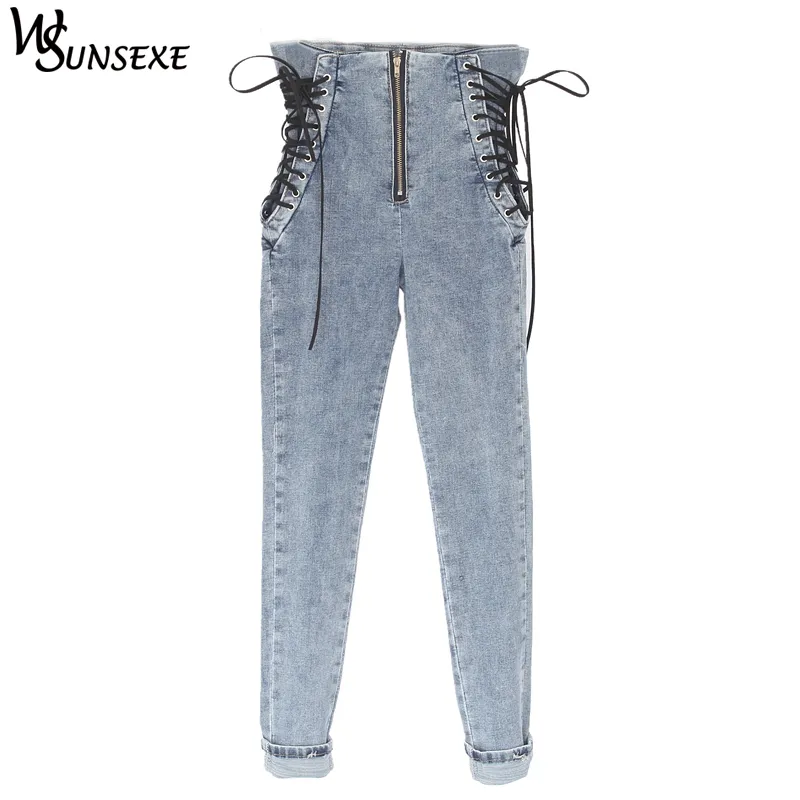 Side Lace Up High Waist Jeans Women Casual Calf Length Pants