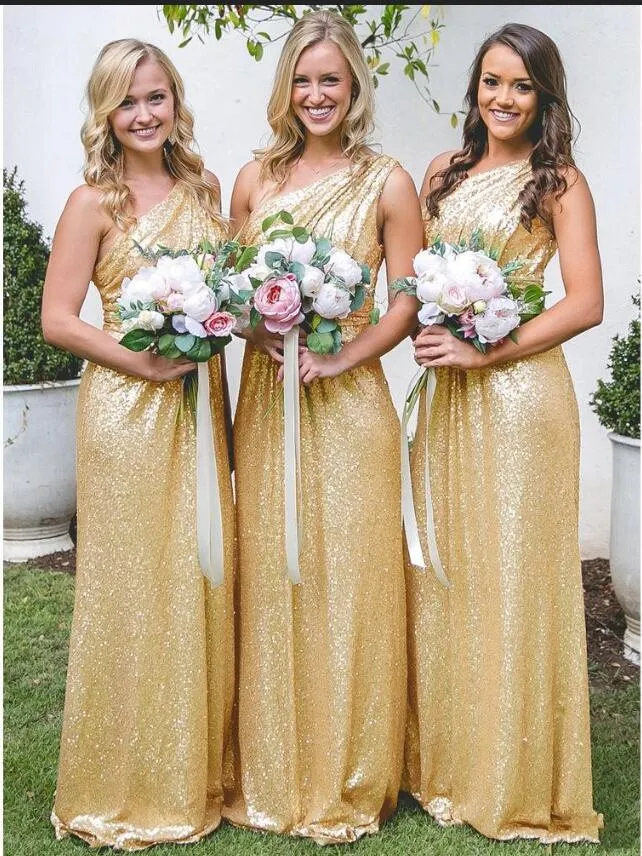 Gold Yellow Rose Sequins Bridesmaid Dresses For Weddings Guest Dress One Shoulder Long Floor Length Plus Size Formal Maid Of Honor Gown Mal