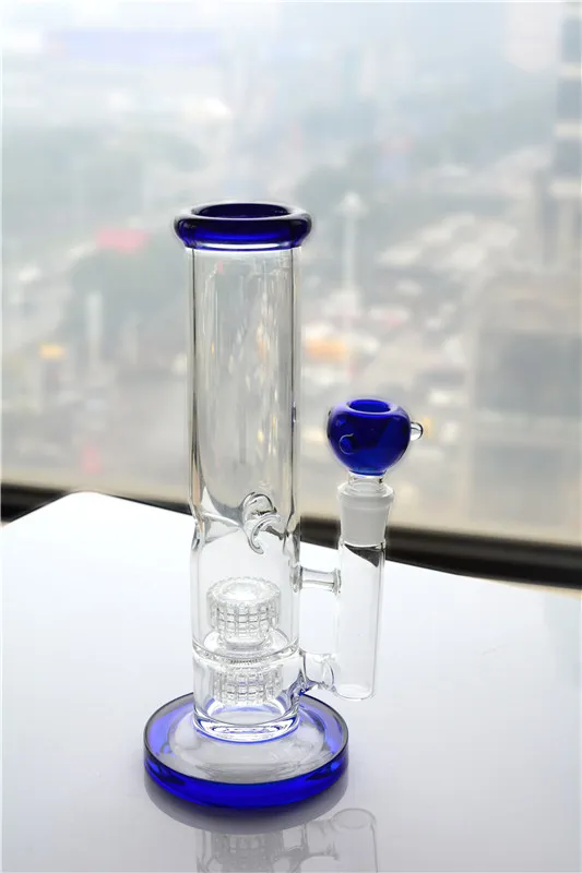 Blue hookahs Beaker Bong Straight Tube Glass with 2 Layer Birdcage Perc Recycler Small Beaker Bong 