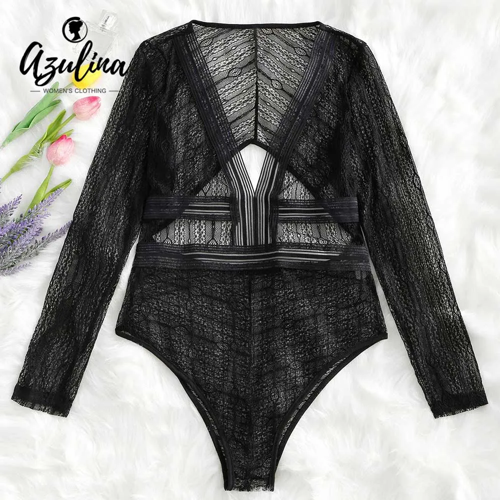 20187 Azulina Sexy Cut Out Dubbel Sheer Lange Mouw Bodysuit See-Thru Kant Dames Rompertjes Zomer Herfst Solid Jumpsuits Dames Overalls