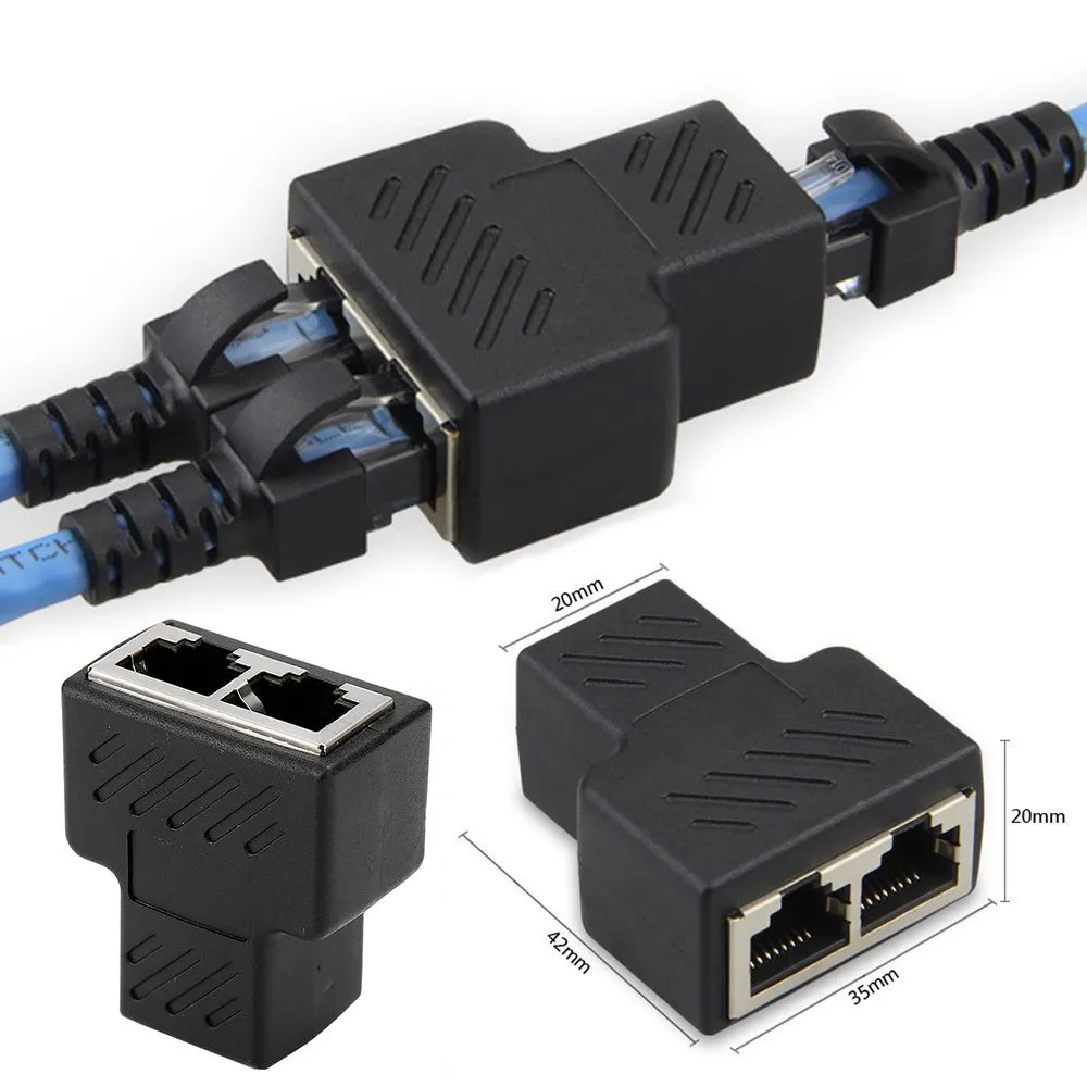 1 2 LAN RJ45 Siyah Konnektör Ağ Kablosu Splitter Genişletici Fiş Adaptörü