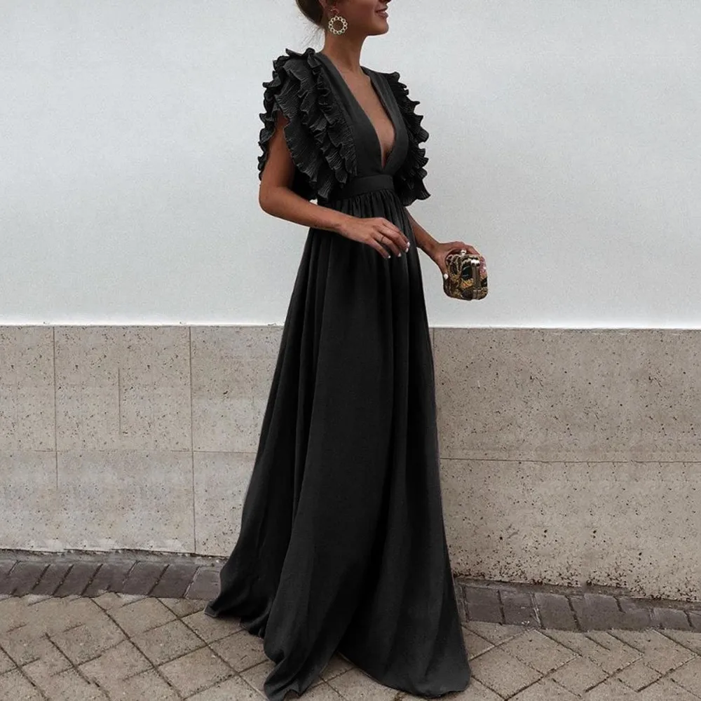 Sexy V Neck Backless Flowy Short Sleeve Maxi Dress for Women Solid Gray Summer Beach Party Dress
