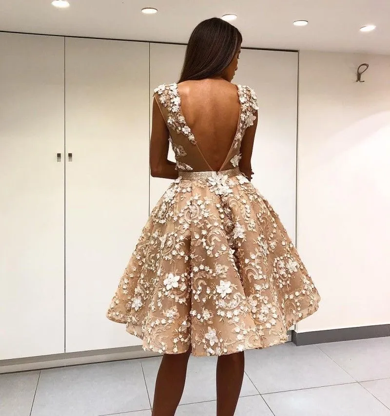 Korte knielengte prom dresses sheer diepe v-hals backless 3D floral geappliceerd kant formele avondjurken een lijn feestjurk