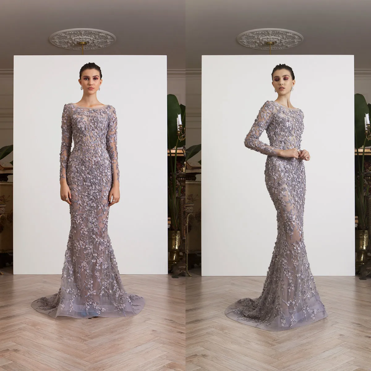 Luksusowy Liban Suknie wieczorowe 3D Kwiatowy Aplikacje Koraliki Z Długim Rękawem Jewel Neck Lace Prom Dress Party Custom Made Mermaid Suknie zaręczynowe