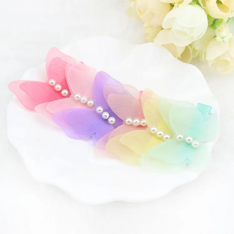 Cute Butterfly Hair bow New Korean Children Girls Barrettes boutique hair bows Bow Pearl Rainbow Color Kids Hair Accessorie 7420