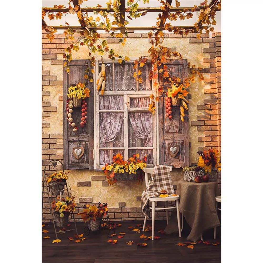 Herbst-Fotografie-Hintergründe, bedruckte Ahornblätter, Ziegelmauer, altes Holz, Fensterkorb, gelbe Blumen, Kinder-Fotostudio-Hintergründe