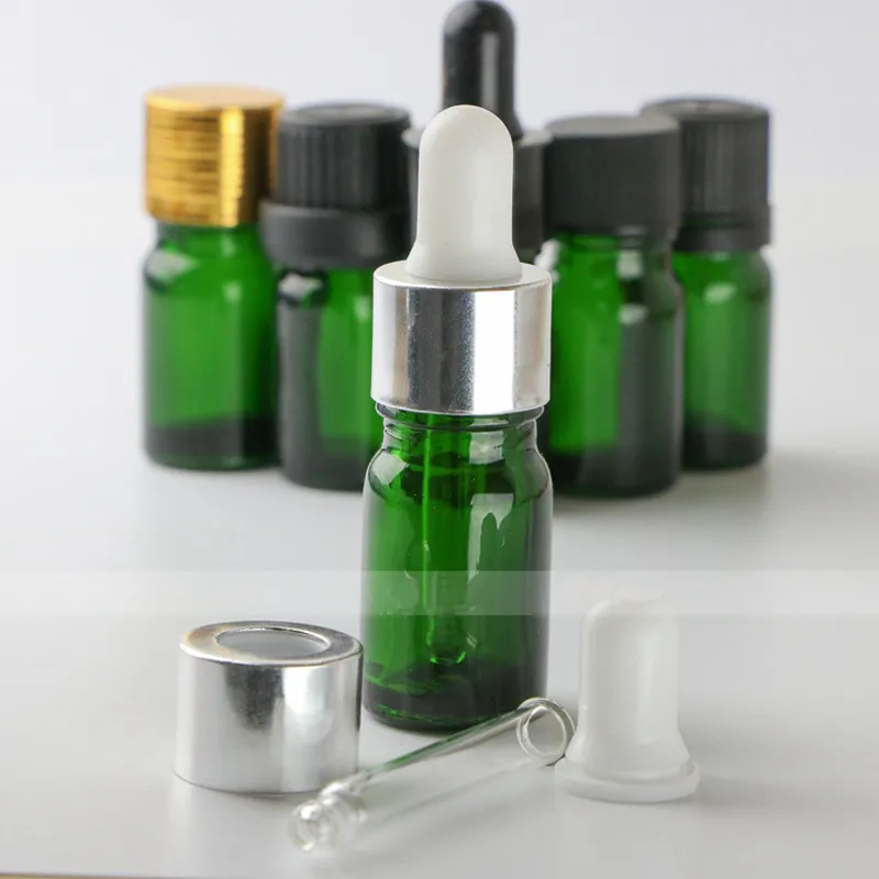 / GROSSO 5ml verde vidro Cor Garrafas óleo essencial com metal ouro prata Dropper Cap vidro Pipeta