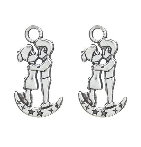 100 stks Alloy Moon Boy and Girl Charms Antique Silver Charms Hanger For Necklace Sieraden Maken Bevindingen 29x15mm
