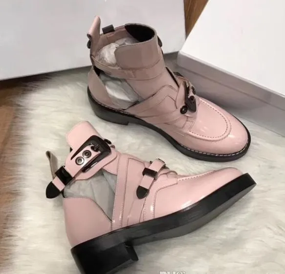 new Arrivals sping summer Fashion Womens black pink white shiny patent Leather two gold metal buckle strap cut out biker Martin Ankle Boots