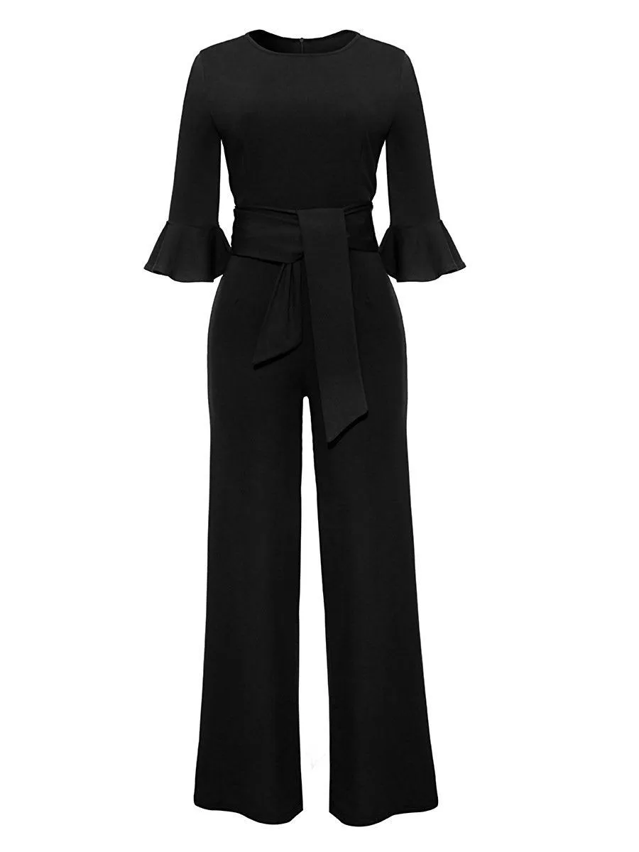 Womens Butterfly Long Sleeve Burgundy Jumpsuit With Blet And Wide 