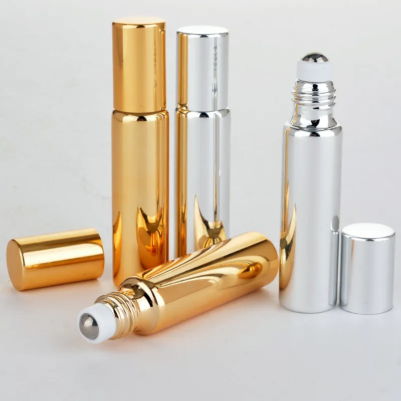 10ml glänzende UV-Beschichtungsglas-Rolle auf Parfümflasche, Gold Silber schwarz ätherisches Ölfläschchen mit Edelstahl-Walzenkugel