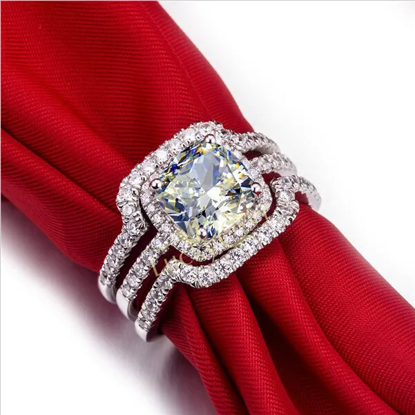 Choucong Kussen gesneden 8mm Steen Diamant 10KT Wit Goud Gevuld 3-in-1 Verlovingsring Set Maat 5-11 Gift347U